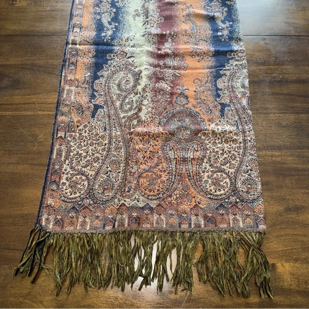 Klaus Duffy Pashmina Scarf Brown Earth Tone Floral Fringe 100% Wool 40